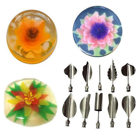 Seringue de cuisson à la gelée 3D, 10 pièces/ensemble feuilles de fleurs, outils d'art pour gâteau Jello, gélatine, Pudding, buses russes, outils de décoration de gâteaux ► Photo 1/6