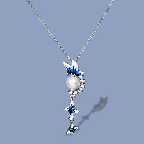 Collier avec pendentif en forme de papillon pour femme, chaîne de chandail en émail fait à la main, bijoux élégants, bleu perle, argent, 925 ► Photo 1/5