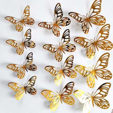 Autocollant mural papillon ajouré en argent et or pièces/ensemble, 12 pièces, 3D, pour chambre à coucher, salon, décoration de maison, décor de mariage ► Photo 1/6