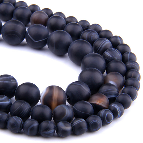 Perles d'agates noires naturelles à rayures noires mat, pour la fabrication de bracelets et bijoux, bricolage, 6, 8 et 10 MM ► Photo 1/6