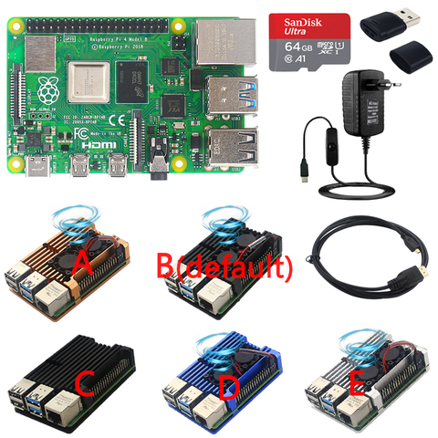 Kit d'origine Raspberry Pi 4 modèle B + boîtier en aluminium + double ventilateur + dissipateur thermique + interrupteur d'alimentation + Option carte SD 64 /32GB pour RPi 4 ► Photo 1/6