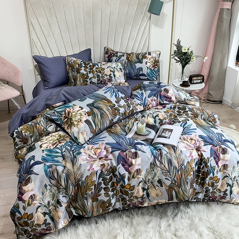 Parure de lit en coton égyptien pur, housse de couette, soyeuse, avec feuilles tropicales, fleurs, drap de lit Queen size ou King size ► Photo 1/5