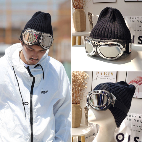 Bonnet tricoté avec lunettes, chapeau rétro en laine pour homme et femme, chapeau chaud de ski en plein air, tendance hiver ► Photo 1/6