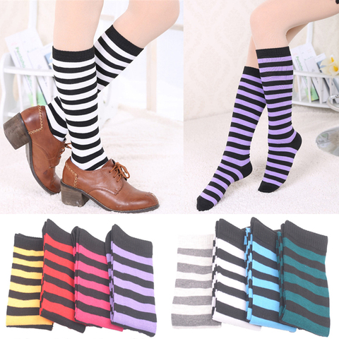 Mode coton femmes rayé genou chaussettes hautes femmes rayures colorées chaussettes longues Style Preppy couleur unie bas chaussettes au genou ► Photo 1/6