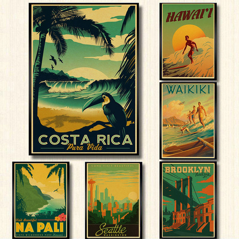 USA VILLE affiche Vintage Hawaii NaPali conception kraft papier rétro affiches stickers muraux peinture murale papier peint café bar pub décor ► Photo 1/5