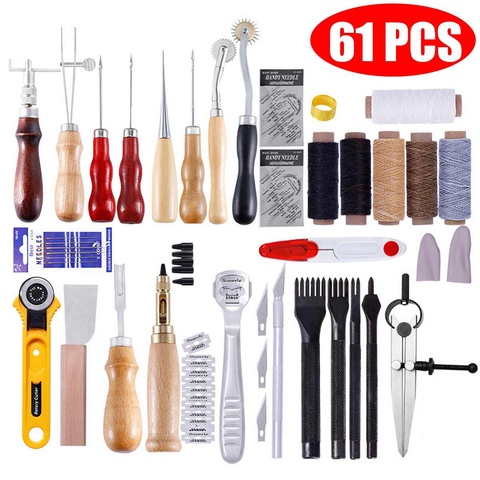 61 pièces/ensemble professionnel en cuir artisanat outils Kit maison main couture couture poinçon sculpture travail selle maroquinerie accessoires ► Photo 1/6