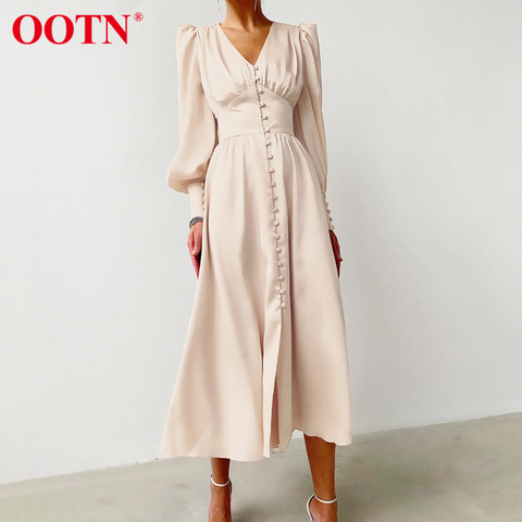 OOTN Beige simple boutonnage robe Sexy soirée Clud taille haute Satin robe longue élégant col en V femmes robes mi-longues lanterne manches ► Photo 1/6