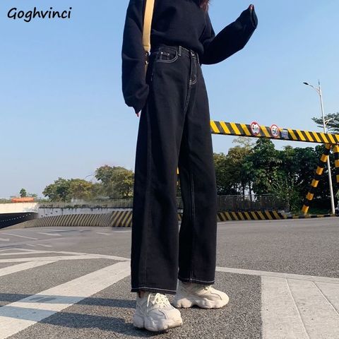 Jean femme tout-match Style coréen pantalon de nettoyage Denim Vintage noir solide taille haute automne Baggy Chic Ulzzang rue décontracté ► Photo 1/6