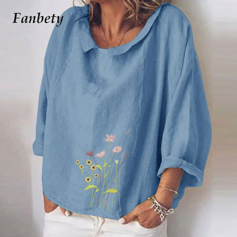 Chemisier à manches longues en coton et lin pour femme, Blouse à imprimé floral, col rabattu, ample, 5xl, été ► Photo 1/6