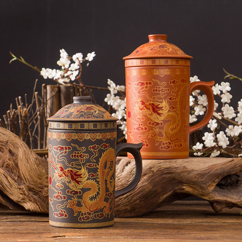 Yixing – tasse à thé en argile violet Dragon Phenix rétro, avec couvercle et infuseur, tasse à thé en céramique faite à la main, tasse d'eau de bureau, cadeau pour la maison ► Photo 1/6