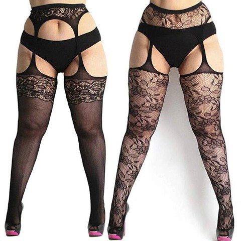 Femmes noir bas avec ceinture ensemble haut résille collants érotique Lingerie Sexy collants imprimé fleuri longue maille dentelle bas ► Photo 1/6