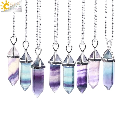 CSJA Fluorite Pendentif En Pierre Naturelle Collier De Quartz Balle Hexagonal Point Pendule Colonne Reiki Guérison Femmes Colliers E546 ► Photo 1/6