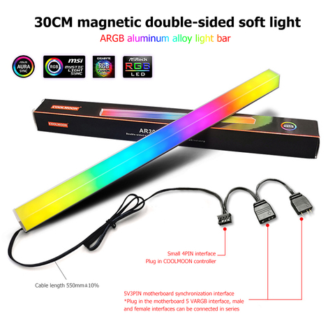 30cm en alliage d'aluminium RGB PC boîtier LED bande magnétique ordinateur barre lumineuse 5V/3PIN petite 4Pin ARGB carte mère bande lumineuse ► Photo 1/1