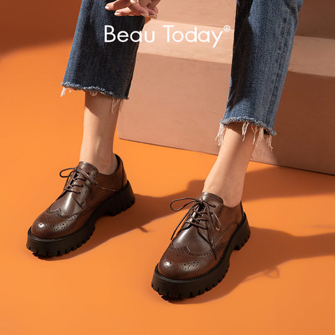 BeauToday richelieu chaussures femmes véritable cuir de vache Wintip bout rond croix-noué semelle épaisse dames Derby chaussures à la main 21839 ► Photo 1/6