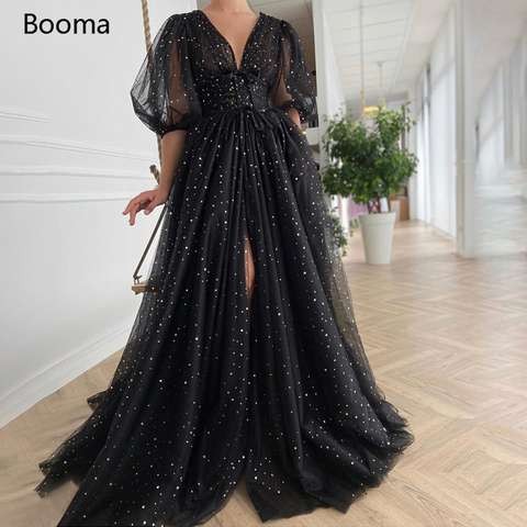 Booma – robe de bal noire en Tulle étoilé, longue, col en v, manches mi-bouffantes, froncée, fente, ligne a ► Photo 1/4