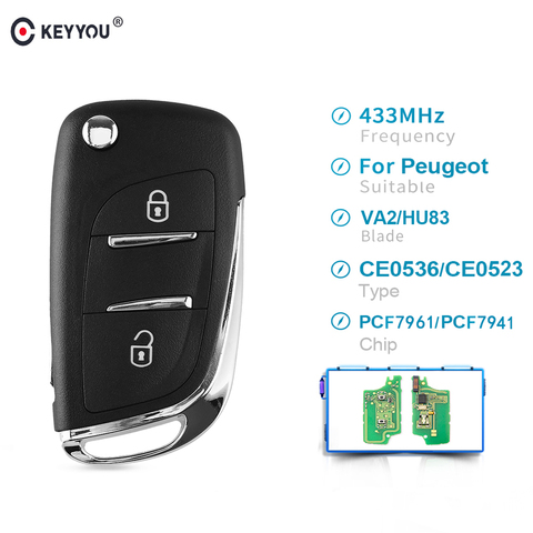 KEYYOU-clé télécommande pour voiture, 433MHZ, ASK 2 BTN, pour voiture Peugeot 207, 208, 307, 308, 408, Partner, et citroën C2, C3, C4, pcf7961/pcf7941 ► Photo 1/6