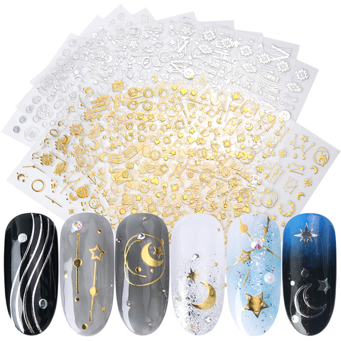 1 pièces 3D or argent Nail Art autocollant en relief étoile lune étoilée conceptions adhésif transfert curseurs manucure décoration JICB133-141 ► Photo 1/6