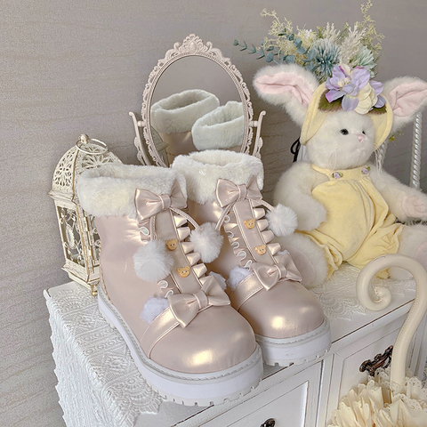 Bottines Lolita japonaises à semelle plate et mi-longue pour femme, chaussures avec nœud papillon en peluche, style Kawaii, nouvelle collection hiver ► Photo 1/5