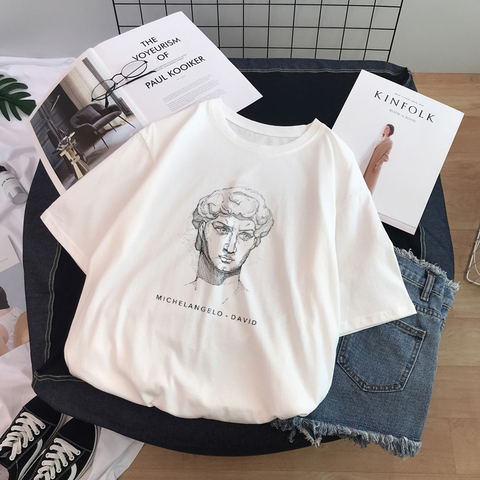 Ulzzang Harajuku drôle noir et blanc dessin David imprimé manches courtes T-Shirt ample col rond décontracté femmes T-Shirt hauts ► Photo 1/6