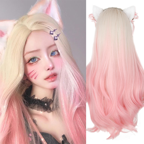 Perruque longue ondulée Ombre perruque synthétique perruque dorée perruque rose femme Ahri KDA Cosplay cheveux naturels moyens haute température perruque en fibres ► Photo 1/5