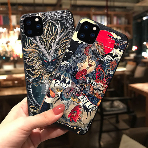 Pour iPhone SE 11 Pro Max 11Pro XS XR X 8 7 6S 6 plus étui anti-rayures motif en relief Dragon carpe souple antichoc housse Funda ► Photo 1/6