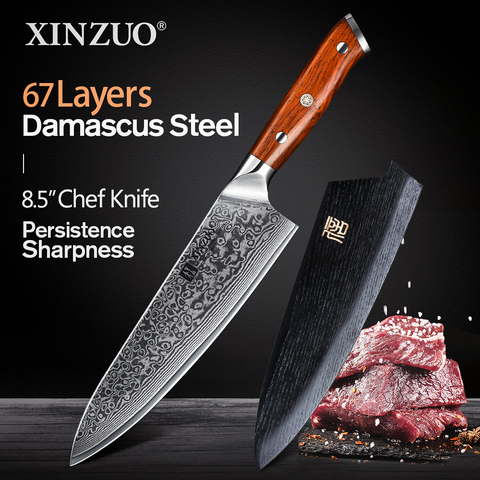 XINZUO couteau de Chef en acier japonais, damas VG10 couteau de cuisine 62 HRC couteaux Gyuto de qualité supérieure avec manche en bois de rose de 8.5 pouces ► Photo 1/6