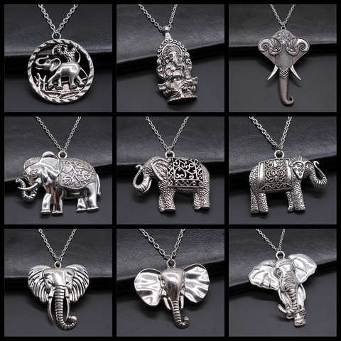 Collier pendentif éléphant thaïlandais mode Vintage Antique couleur argent grand éléphant collier longue chaîne en métal chaîne collier ► Photo 1/1