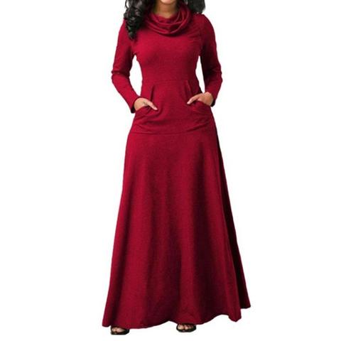 Robe Maxi élégante avec poches, grande taille, couleur unie, col bénitier, manches longues, collection automne hiver ► Photo 1/6