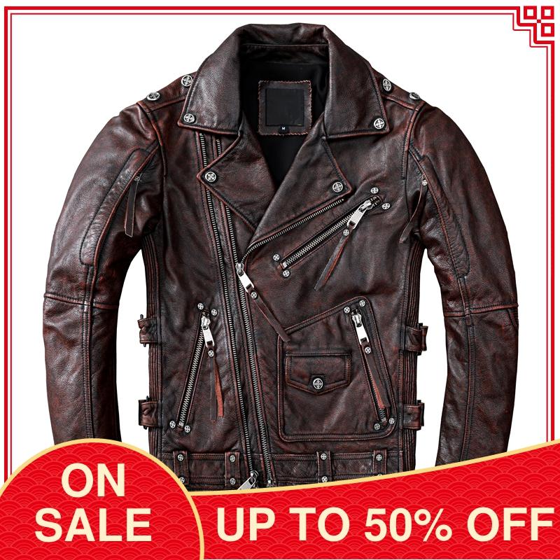 2022 Vintage marron Style américain moto veste en cuir hommes grande taille 5XL véritable peau de vache automne coupe étroite manteau de motard ► Photo 1/6