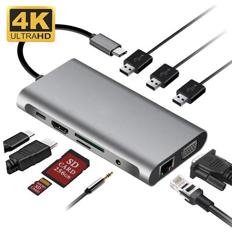 USB HUB C 10 en 1 Thunderbolt 3 Type C adaptateur Dock 3 USB 3.0 Port 4K HDMI 1080P VGA RJ45 Gigabit Ethernet pour Macbook Pro ► Photo 1/6