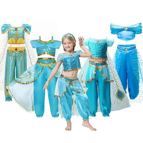 Vêtements de princesse Jasmine pour filles, Costume fantaisie princesse, vert, bleu, fournitures pour fête de carnaval, Costume d'halloween pour enfants Aladdin ► Photo 1/6