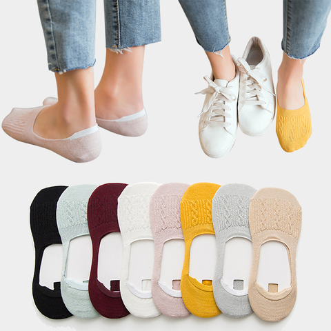 Chaussettes en coton pour femmes, 5 paires, chaussettes amusantes pour femmes, à bouche profonde, à couleur unie, pour prévenir la perte de talons ► Photo 1/6