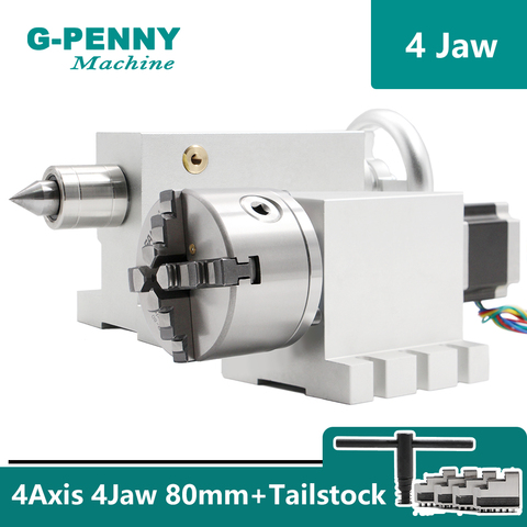 Kit de tête de division/axe de Rotation CNC, 4 mâchoires 80mm, réducteur de boîte de vitesses harmonique sans gaz, contre-pointe pour machine à bois CNC ► Photo 1/6