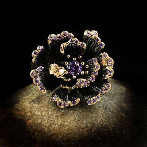 Exquis créatif floraison fleurs arrêter papillon bague or noir 925 argent bijoux de luxe violet brillant Zircon dames anneau ► Photo 1/5