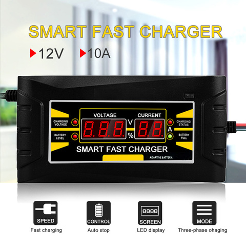 Chargeur de batterie de voiture entièrement automatique 110V/220V à 12V 10A 10ASmart charge de puissance rapide pour affichage LCD au plomb sec humide prise ue ► Photo 1/6