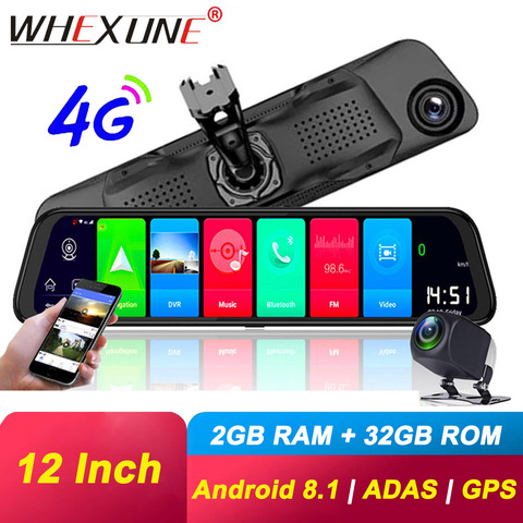 WHEXUNE 12 pouces 4G voiture DVRs ADAS Android 8.1 Dash Cam caméra GPS Navigation FHD 1080P double lentille enregistreur vidéo registraire Dashcam ► Photo 1/6