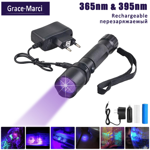 2022 nouvelle lampe de poche 365nM UV 395nm lampe de poche lumière LED Rechargeable ultraviolette pour Anti-faux argent détecter avec changeur de batterie ► Photo 1/6