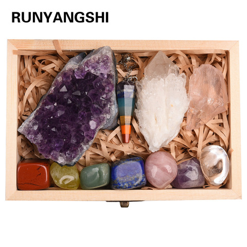 Pierre de guérison, cristal Quartz minéral, grappe d'améthyste naturel, minerai brut, sept chakras, cadeau en bois, 11 pièces ► Photo 1/6