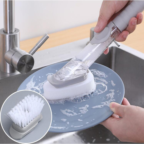 Appareil à vaisselle cuisine brosse de nettoyage 2 tête de brosse 2 éponge automatique Plus détergent brosse longue poignée hydraulique lave-vaisselle ► Photo 1/6