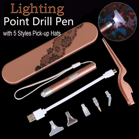 USB Rechargeable 5D diamant peinture Point d'éclairage perceuse stylo ensemble carré/rond perceuse bricolage diamant peinture outil avec 5 Styles chapeau ► Photo 1/6