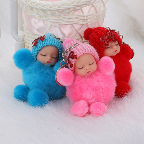 1 pièces mignon dormir bébé noeud papillon moelleux pompon fourrure en peluche poupée porte-clés porte-clés porte-clés femmes filles sac pendentif bijoux ► Photo 1/6