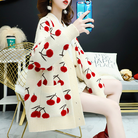 Cardigan tricoté rouge net pour femme, manteau épais, ample, avec broderie de cerises, collection automne et hiver 2022 ► Photo 1/6