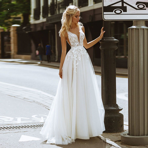 Quatre-conte Boho robes de mariée col en v Appliques dentelle a-ligne Tulle robe de mariée plage Simple robe de mariée bestidos de novia 2022 ► Photo 1/5