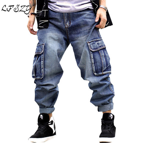 Jean multi-poches hommes marée libre marque grande taille pantalon à jambes larges version coréenne de Hip-Hop droite outillage Skateboard jean ► Photo 1/6