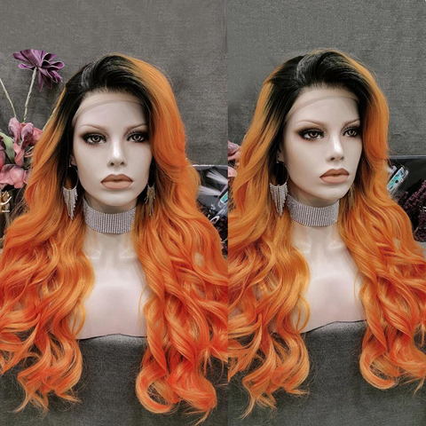 Perruque Lace Front Wig sans colle Orange, perruque synthétique Body Wave longue pour femmes noires, perruque Cosplay ► Photo 1/6