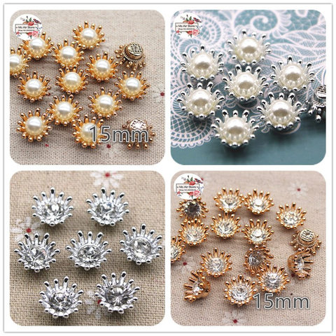 Strass/perles de 15mm, dorés/argent, fleurs en plastique, boutons de décoration à dos plat, accessoires artisanaux pour scrapbooking, 50pcs ► Photo 1/6