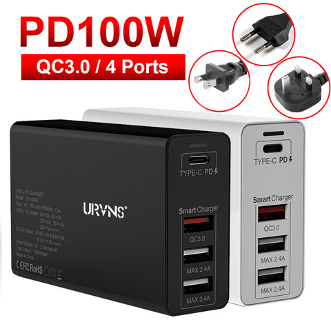 URVNS 100W 4 ports USB C adaptateur secteur PD 100W/87W/65W/45W/30W/18W Type C chargeur rapide pour Macbook Pro 13/15/16 iPhone 8 11 XS XR ► Photo 1/6