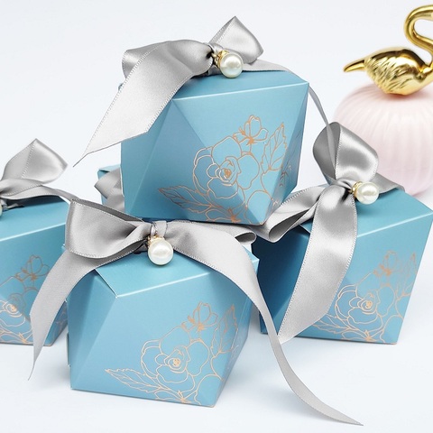 Boîte cadeau diamant bleu papier boîte à bonbons faveurs de mariage pour les invités chocolat emballage boîte bébé douche fête d'anniversaire décoration ► Photo 1/6