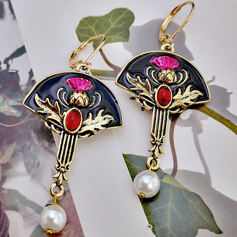 Tribal Rose rouge chardon fleur perle boucles d'oreilles ethnique antique or en forme d'éventail fleur rouge pierre boucle d'oreille plante bijoux ► Photo 1/6