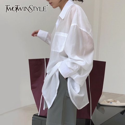 Deuxtwinstyle décontracté pour les femmes revers col à manches longues minimaliste taille unique chemises lâches femme 2022 été vêtements nouveau ► Photo 1/6